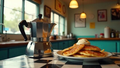 Steaming Coffee and Pancakes in a Cozy Vintage Diner Warm, Nostalgic Breakfast Scene