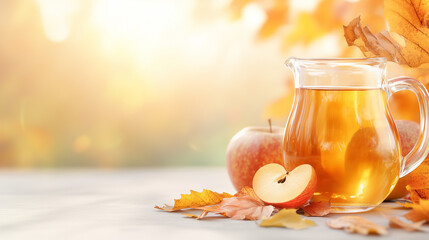Apple Cider in Autumn: A glass pitcher of golden apple cider sits amidst ripe red apples and autumn leaves, bathed in the warm glow of sunlight.