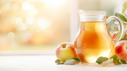 Apple Juice Pitcher: Refreshing apple juice in a glass pitcher, accompanied by ripe apples and leaves, creating a vibrant, healthy, and delicious image.