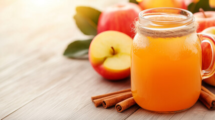 Apple Cider Delight: A refreshing glass of apple cider, complemented by fresh apples and cinnamon sticks, rests invitingly on a rustic wooden table, an appealing image.