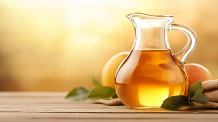 Citrus Juice in Pitcher: A glass pitcher filled with fresh citrus juice sits on a rustic wooden table, next to ripe citrus fruits and lush green leaves, bathed in warm sunlight. 