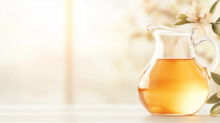 Golden Elixir in Sunlight: A glass pitcher, filled with a radiant golden liquid, sits gracefully beside delicate blossoms, the scene bathed in soft sunlight.