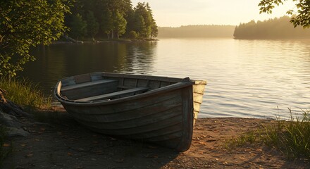 Tranquil Lakeside Scene: Old Wooden Boat at Dawn