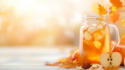 Autumn's Apple Delight: A refreshing apple cider, chilled with ice and served in a mason jar, alongside vibrant autumn leaves and apple slices, exuding warmth and the essence of the harvest season.