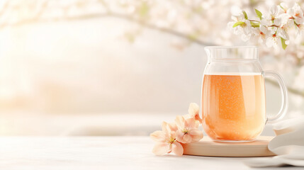 Springtime Elixir: A refreshing spring scene, featuring a glass pitcher filled with a vibrant liquid. Delicate floral blooms surround the glass, creating a scene of refreshment and serene beauty.