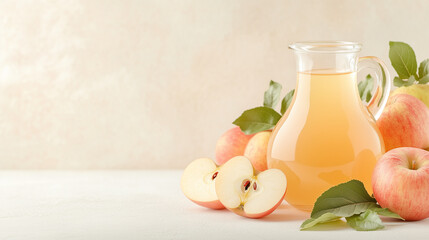Apple Cider Delight: A refreshing pitcher of apple cider paired with ripe apples, leaves, and the promise of autumn's bounty. A natural still life, embodying the crisp taste and refreshing feeling