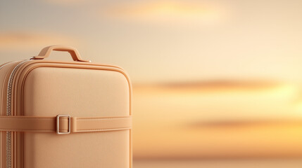 Soft peach luggage suitcase against serene sunset background  