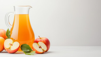Freshly Pressed Apple Juice: A close-up shot of a refreshing glass pitcher filled with fresh apple juice, accompanied by vibrant, ripe apples, ready for consumption.