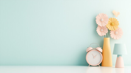 Serene Still Life of pastel objects: An array of pastel-colored objects, including flowers in a vase, a clock, and a lamp, artfully arranged against a light blue backdrop.