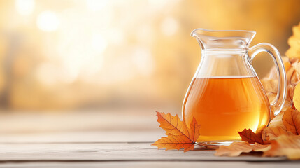 Autumnal Nectar: A glass jug of golden liquid, like autumn's nectar, sits invitingly beside fallen leaves, bathed in the soft, diffused light of an autumn day. The scene evokes warmth and serenity.