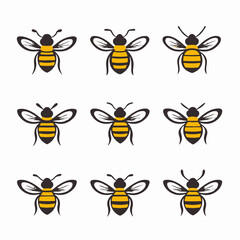 Set of cute cartoon bee characters isolated on white background. Honeybee characters with different emotions, holding a pot of honey, a book, a pencil and a spoon. Emoticon vector collection.