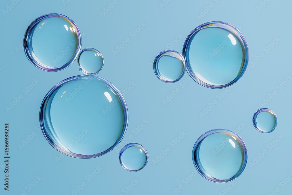 Aufkleber a mesmerizing of floating translucent bubbles with rainbow reflections on a soft light blue backgrou