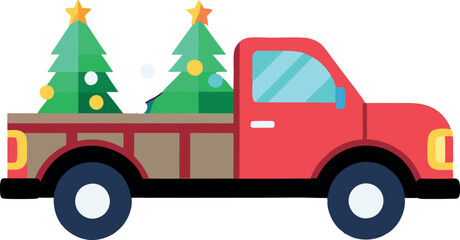 Christmas Festive Pickup Truck Vector with Tree and Gifts