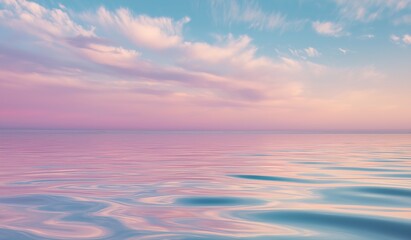Obraz premium A tranquil digital illustration of a serene ocean horizon with pastel pink and blue sky, gentle ripples on calm waters, and soft clouds blending into smooth gradients for a dreamy and peaceful