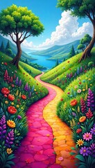 Whimsical Painted Pathways Through a Lush Vibrant Landscape Follow the Colorful Route on a Joyful Adventure