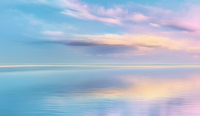 Obraz premium A dreamy abstract backdrop of a serene pastel sky blending with calm waters, featuring soft pink, blue, purple, and green hues, evoking tranquility and elegance for creative projects