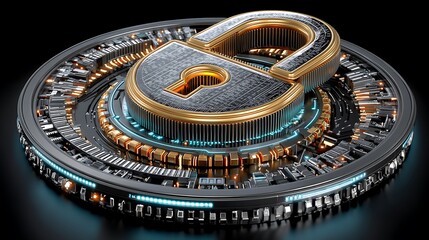 Futuristic cyber security lock with glowing circuitry and golden accents high resolution photo
