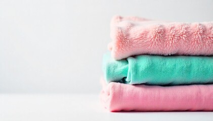 Neatly Folded Pastel Laundry on White Background Serene and Calming Home Lifestyle Image