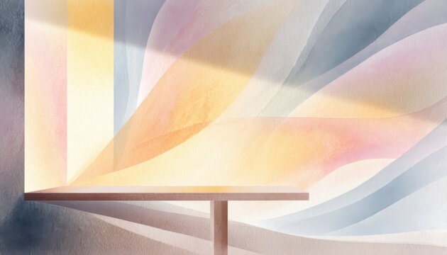A horizontal illustration for Happiness Happens Month, showing a single sunbeam shining through a window onto a simple table.