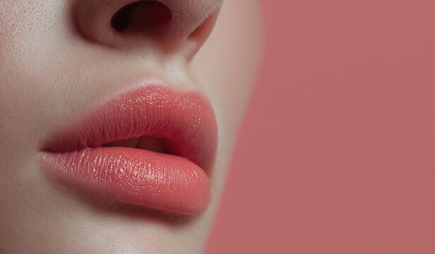A minimalist close-up beauty portrait of glossy lips with visible skin texture, set against a soft pink background, embodying fashion magazine elegance - Powered by Adobe