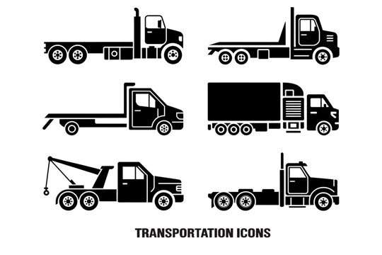  black and white truck icons in a grid pattern showing different truck styles 