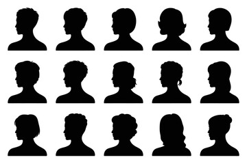 Collection of fifteen black silhouette profiles of girls and women with various hairstyles and hair lengths