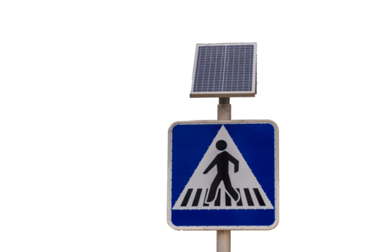 Pedestrian crossing sign, with solar panel.