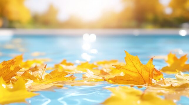 Close-up of yellow maple leaves floating in pale blue pool water, warm early autumn atmosphere with soft sunlight and gentle reflections