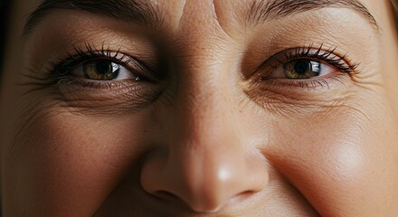 Fototapeta premium An ultra-realistic, tight close-up on the eyes of a person laughing heartily. The focus is on the crinkles around the eyes, conveying pure joy and happiness.