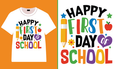 Happy First Day of School Colorful T-Shirt Design, Back to School Cartoon Illustration – Happy Kids, Books, and School Supplies Vector
