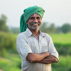 Maharashtra farmer standing proudly in a lush green field