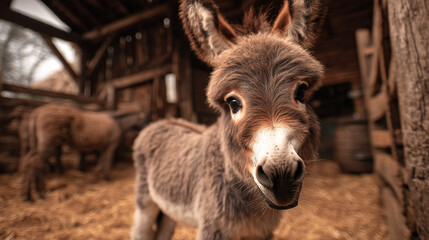 Fototapeta premium Close up of a donkey standing in a barn with hay on the floor and another donkey in the background