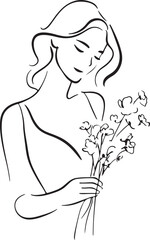 Elegant continuous line drawing of a florist holding a bouquet, minimalist and black-and-white only
