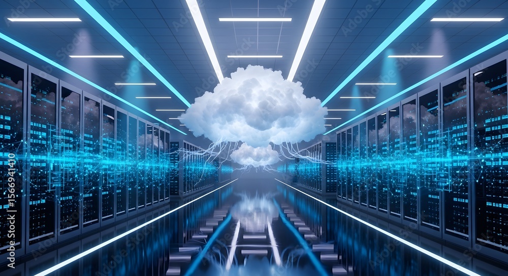 Poster cloud computing data center server room digital illustration