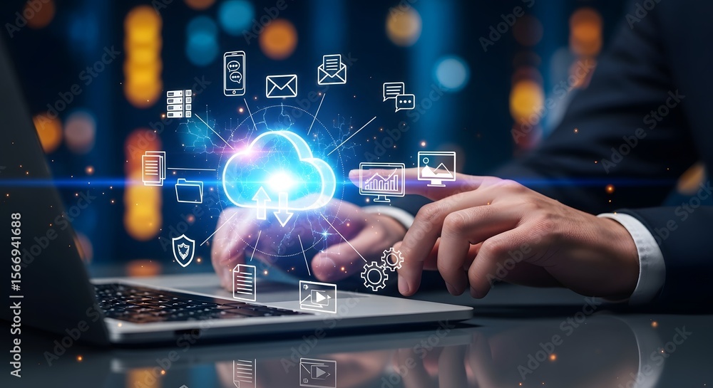 Poster cloud computing technology laptop data security concept