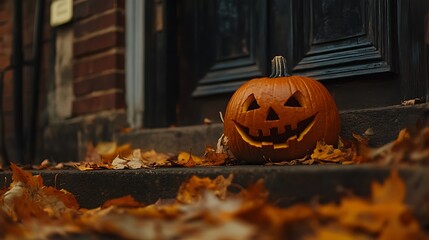 Carved pumpkin rests on autumn leaves near a dark door