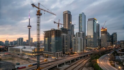The toronto skyline is seen at sunset with cranes