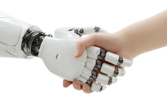 Human and robot handshaking. Collaboration, future tech.