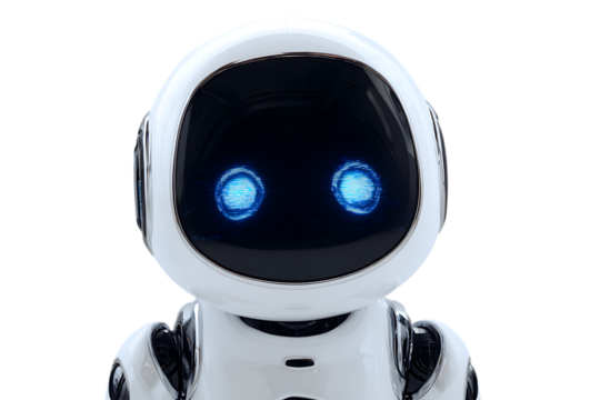 Cute white robot with blue glowing eyes