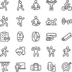 Collection of simple black line art icons representing various fitness activities and health equipment for a healthy lifestyle concept