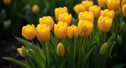 Close-up of Vibrant Yellow Tulips in a Garden Setting