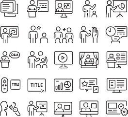 Collection of outline icons representing presentations public speaking audience interaction and digital media concepts for business and education