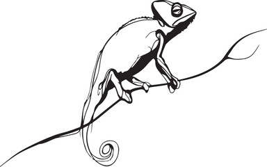 Elegant one-line drawing of a chameleon on a branch, minimalist and black-and-white only