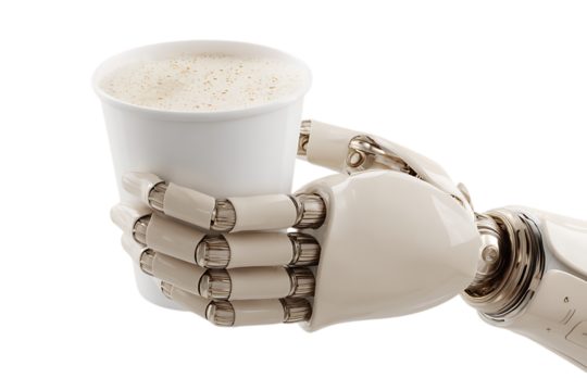Futuristic robot arm offers a cup of coffee.  Automation and technology concept.