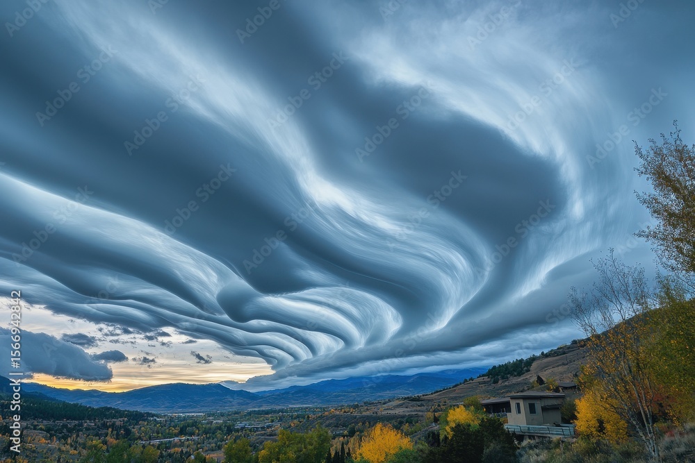 Poster dissipating clouds create swirling patterns over a serene landscape at sunset, dissipating clouds ti