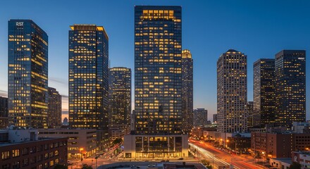 Fototapeta premium Urban Skyline at Dusk: Illuminated Skyscrapers and City Streets