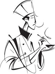Elegant one-line drawing of a chef in a hat holding a spoon, abstract and black-and-white only.