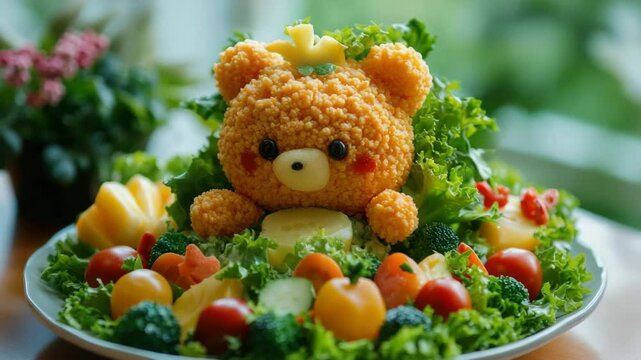 Creative bear shaped food art on salad