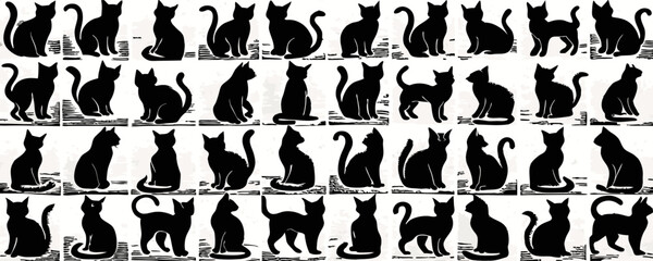 Multiple Black Cat Silhouettes:  A Collection of Sitting and Standing Cat Poses