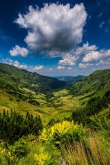 Fototapeta premium Mountain valley scene under a vibrant blue sky.